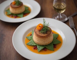 Meat garnish with sauce and vegetables. Realistic illustration