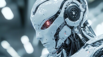 Fototapeta premium Close-up of a Futuristic White Robot Head with Red LED Eyes