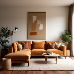 Stylish modern living room. A spacious sofa and minimalist decor in earthy tones create a warm and inviting living area, perfect for relaxation.
