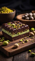 Chocolate bar with pistachio filling on a wooden board