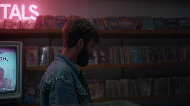 A man in a denim jacket browses through VHS tapes in a retro video rental store, bathed in nostalgic neon lighting, evoking the classic 80s and 90s vibe