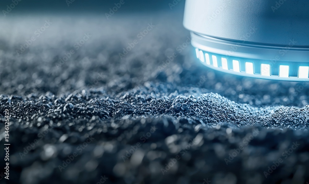 Poster a futuristic device with glowing lights rests on a textured surface in this abstract close-up, hinti