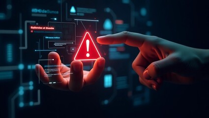 Cyber Threat Detected Futuristic Holographic Interface with Red Warning Symbol, Highlighting Digital Security Risks, Data Breaches, and Advanced Threat Detection in a High-Tech Cyber Landscape
