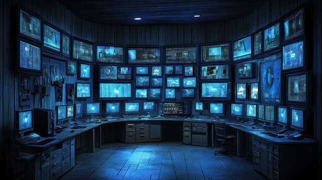 Secure, dark surveillance center.  Many monitors displaying data - Powered by Adobe