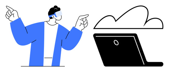 Person wearing VR headset pointing at a cloud above a laptop, representing technology, cloud computing, and future innovation. Ideal for tech trends, digital transformation, cloud storage, VR, future