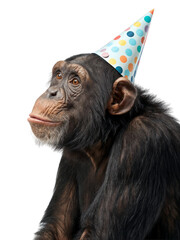 Naklejka premium Funny chimpanzee wearing colorful birthday hat is isolated