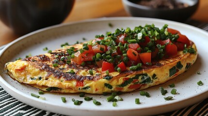 A plate of food with a large omelet and a side of vegetables