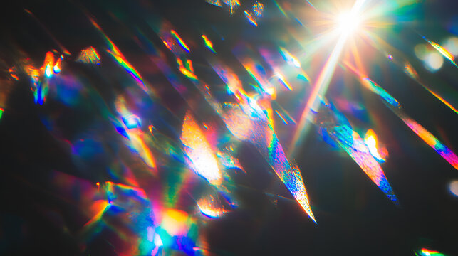 Blurred rainbow refraction overlay effect. Light lens prism effect on black background. Holographic reflection, crystal flare leak shadow overlay. Colorful rainbow disco ball light leaks texture