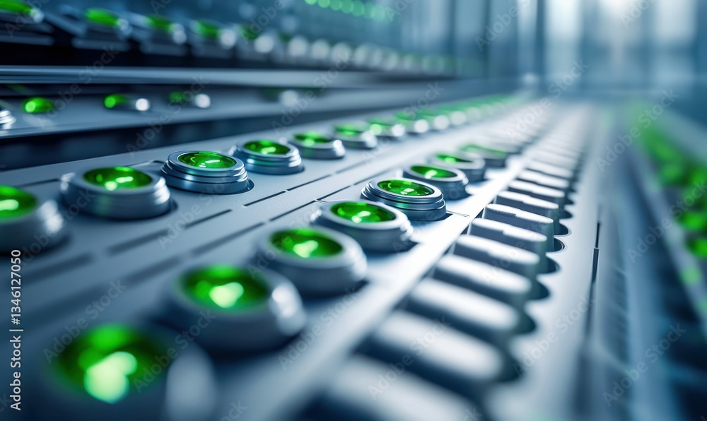 Poster a detailed view shows rows of servers with green indicator lights, symbolizing data processing and n
