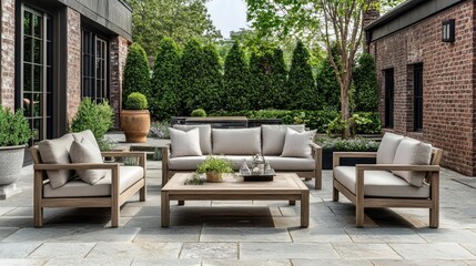 A modern outdoor living room set with wood table patio furniture and garden decor for summer relaxation