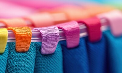 A vibrant array of colorful fabric swatches with ribbon tags creates a textured visual.