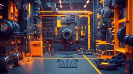 Fototapeta premium A futuristic automotive parts manufacturing factory on a gradient steel gray background