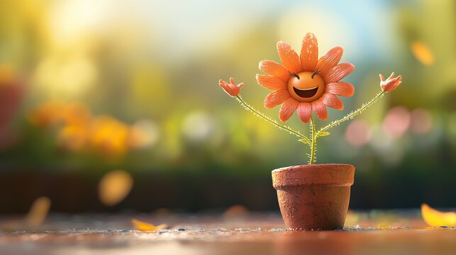 A Flower In A Pot Smiling And Dancing Concept Card Character illustration