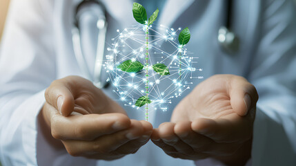 Businessman hold biotechnology network connecting icon representing advancements in medical research, agriculture, healthcare, environmental solutions, innovative solutions, and sustainable practices