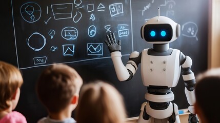 Robot teacher and students work together at blackboard in classroom. Future education in school or...