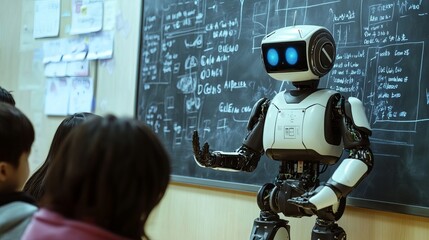 Robot teacher and students work together at blackboard in classroom. Future education in school or...