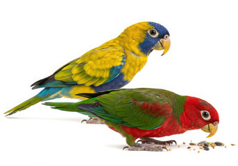 Fototapeta premium Two colorful parrots perched on a white surface eating seeds in a studio setting together closely