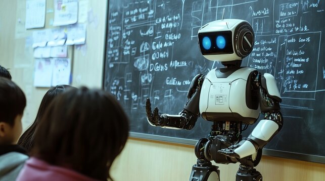 Robot teacher and students work together at blackboard in classroom. Future education in school or college, artificial intelligence technology cartoon flat style isolated vector concept