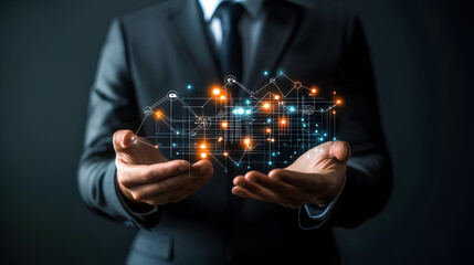 Businessman holding Enterprise Resource Planning (ERP) software, optimizing organizational efficiency and integrating core business functions seamlessly