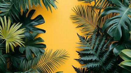 A vibrant tropical background with green palm leaves and ferns on a bright yellow background. Detailed vector illustration featuring exotic foliage in a fresh summer composition.