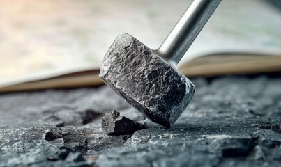 Fototapeta premium A rock hammer is striking a stone surface, creating small fragments that are breaking off.