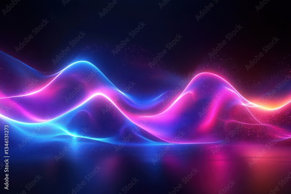 Poster abstract futuristic background with glowing neon wave lines and bokeh lights in pink blue colors for