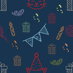 Abstract seamless line shapes in many colors, white background, birthday pattern, children's line drawings, cakes, balloons, hats, hearts, bright sweet tones, wrapping paper elements. Happy and fun