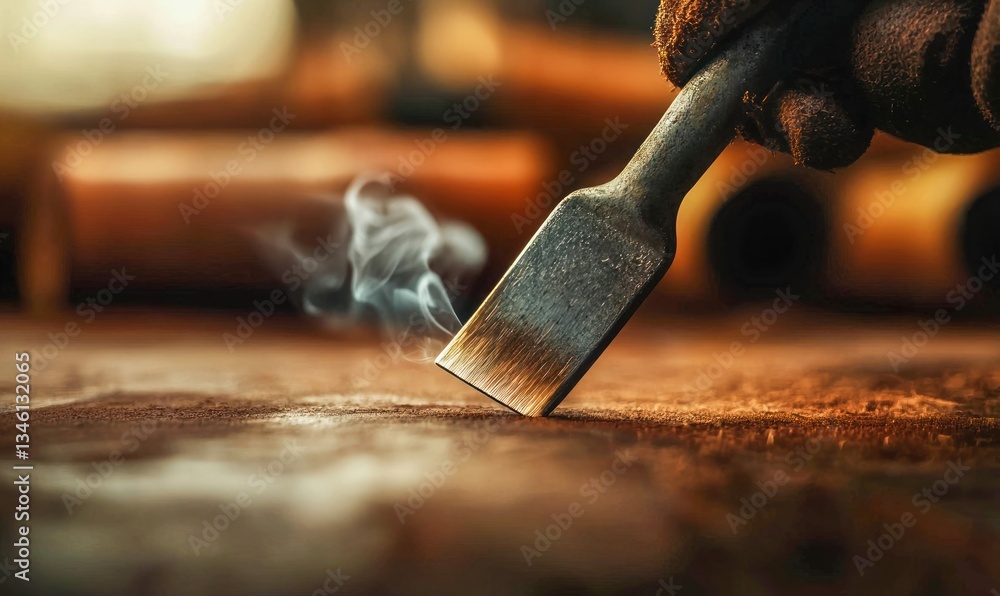 Poster a gloved craftsman carefully uses a sharp chisel on wood, creating a wisp of smoke and showcasing ex