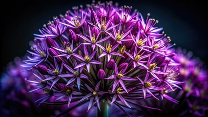 Dramatic close-up macro shots of dark purple Allium, illuminated in stunning nighttime garden blooms.