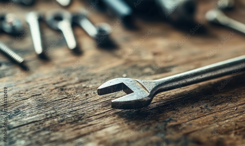 Aufkleber a silver wrench rests on a textured wooden table amidst an array of fasteners in a workshop setting.