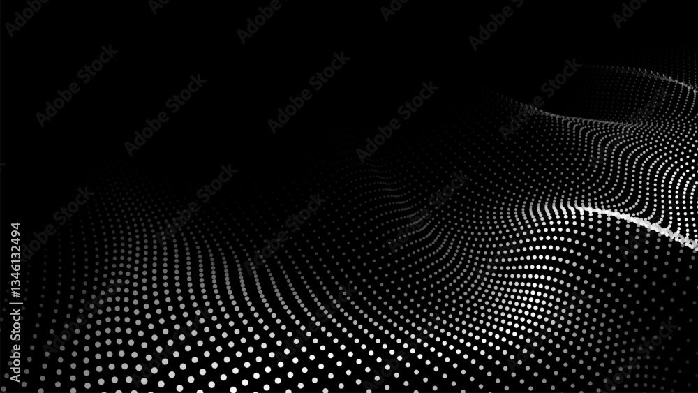 Poster dark abstract background with a wave of moving particles. 3d vector illustration.