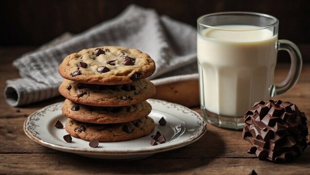 Chocolate chip cookie with milk on a wooden table, vintage setting - Powered by Adobe