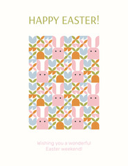 Happy Easter greeting card with cute bunnies and spring flowers. Creative Easter design concept.
