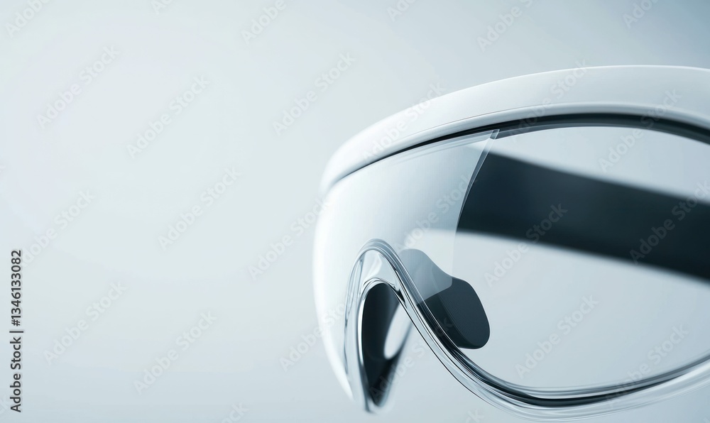 Poster a modern augmented reality headset with a transparent display sits on a clean, light background.
