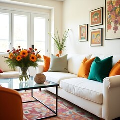 Bright and inviting living space featuring fresh flowers, colorful decor, and a cozy white sofa with a bold cushion, blending playful accents with a modern aesthetic