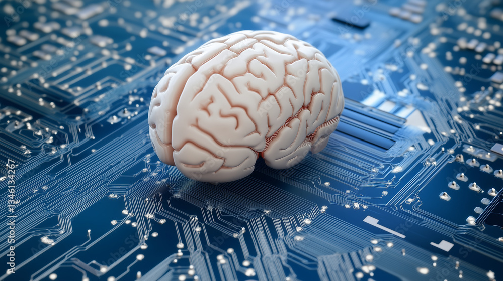 Poster a fusion of a brain and a digital circuit board, symbolizing the evolution of technology. electronic