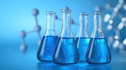Laboratory glassware with blue liquid on abstract background. AI generated image