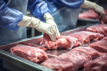 hands in gloves of working worker at meat production