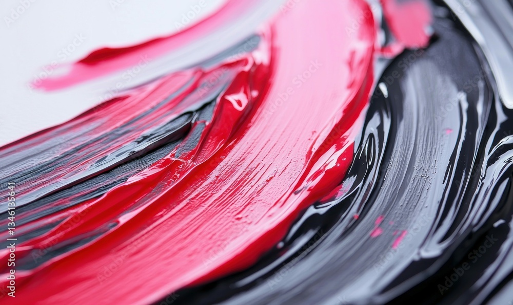 Poster dynamic black and red paint strokes create a glossy, textured abstract background.