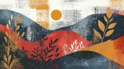 Abstract Landscape with Rolling Hills, Sunset, and Nature Art.