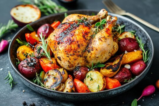 A beautifully roasted chicken served with colorful vegetables on a rustic dark plate during dinner