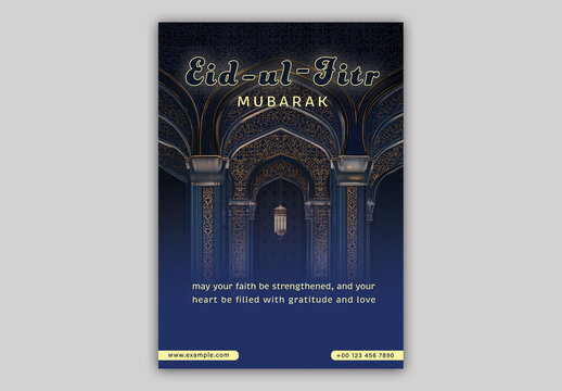 Elegant Eid-ul-Fitr Mubarak Greeting Card with Islamic Architecture, Editable Design.