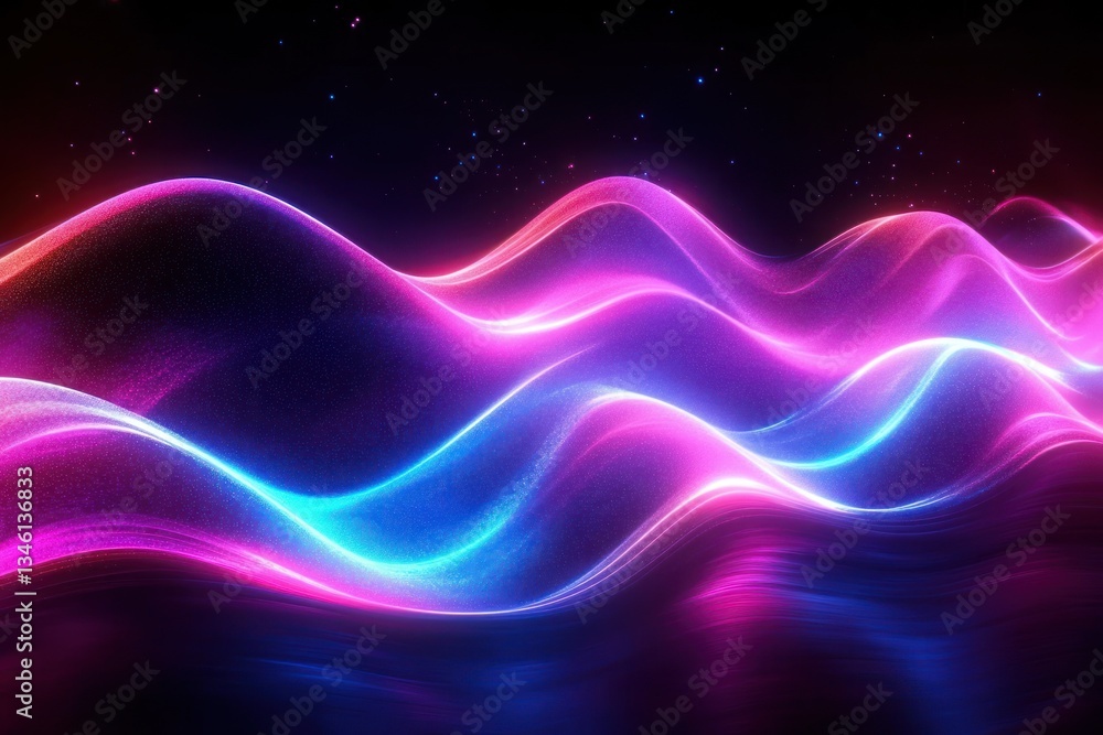 Poster high speed abstract futuristic background with glowing neon waves and bokeh lights in pink and blue 