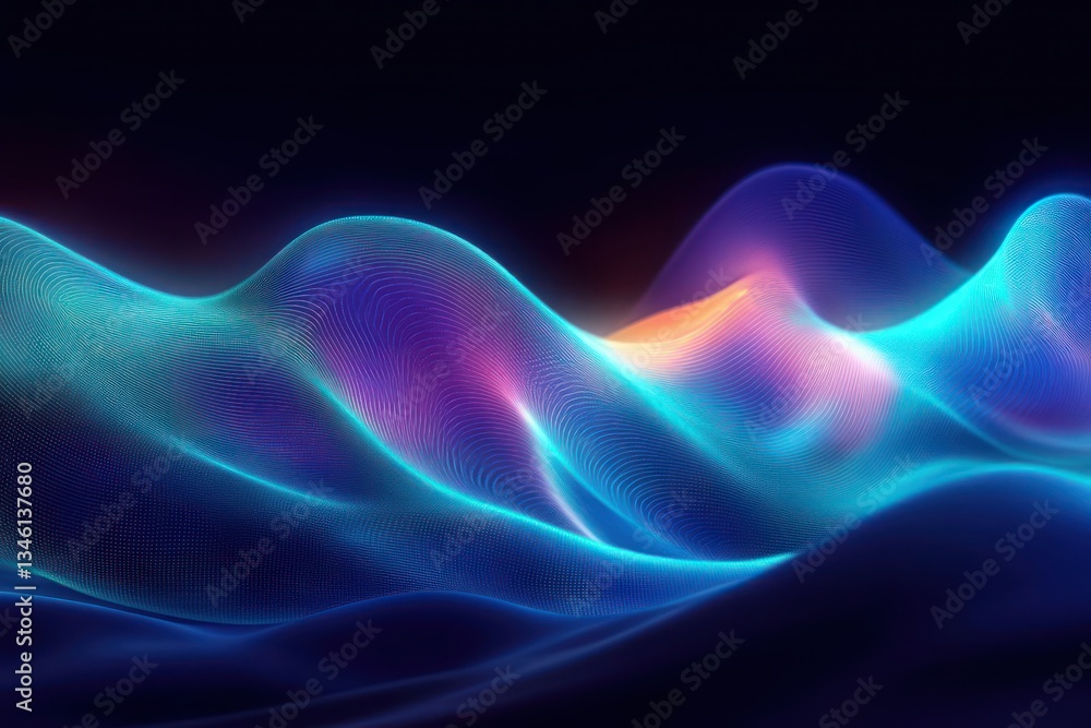 Poster abstract futuristic background with neon glowing waves and bokeh lights in pink blue for data transf
