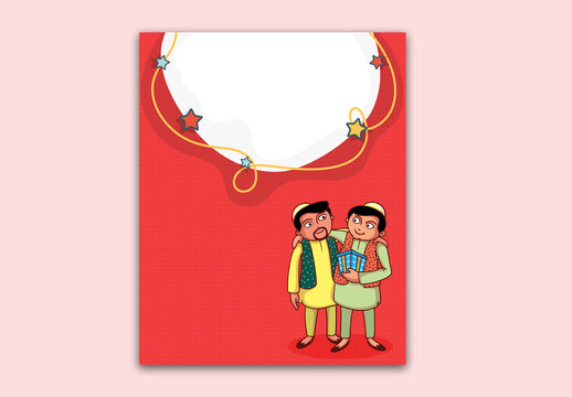 Eid Mubarak Greeting Card with Cartoon Muslim Brothers Holding Gift and Copy Space.