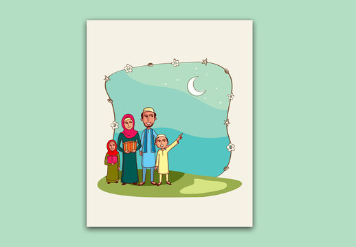 Eid Mubarak Greeting Card with Cartoon Muslim Family Holding Gifts and Copy Space.