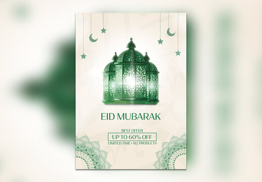 Eid Mubarak Sale Flyer with Arabic Lamps in Beige and Green Color, Editable Design.