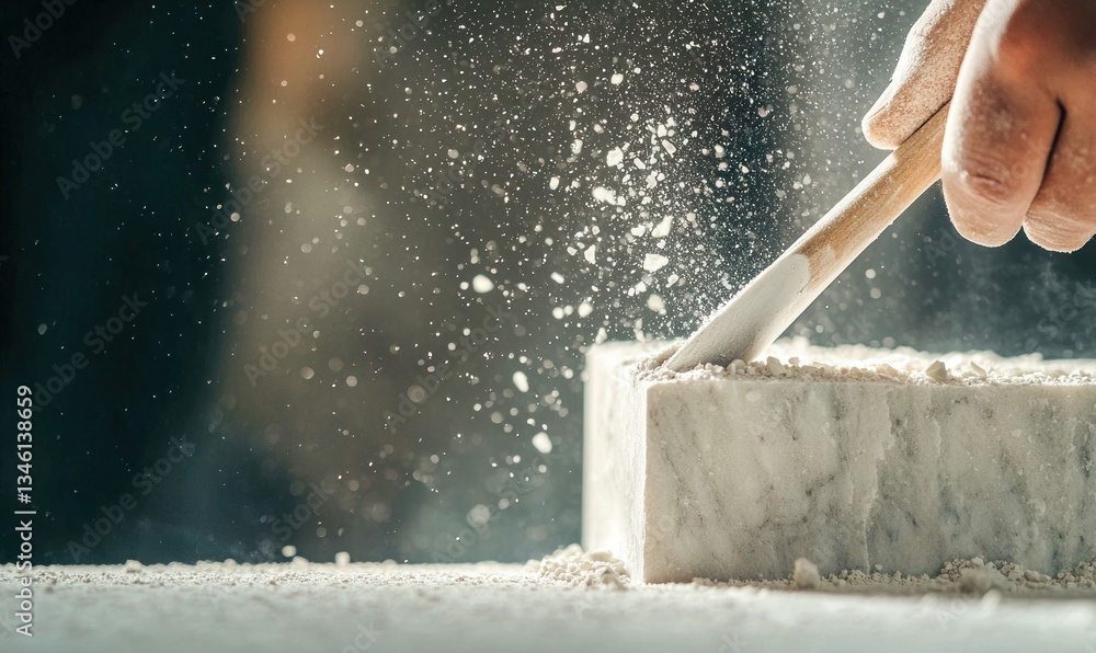 Poster a skilled craftsman carves a marble block with a chisel, sending up a cloud of fine dust.