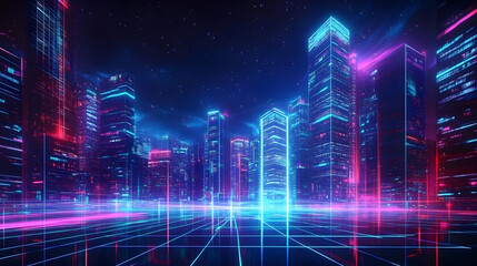 An abstract digital city design showcasing a cityscape with space and neon light effects, embodying modern high-tech, science, and futuristic technology concepts, perfect for a banner background