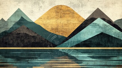 Abstract Mountain Lake Sunset Landscape Art.